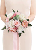 Rinlong Pink White Bridesmaids Bouquet Artificial Wedding Bouquets for Bridesmaid Silk Bouquet for Wedding Prom Homecoming
