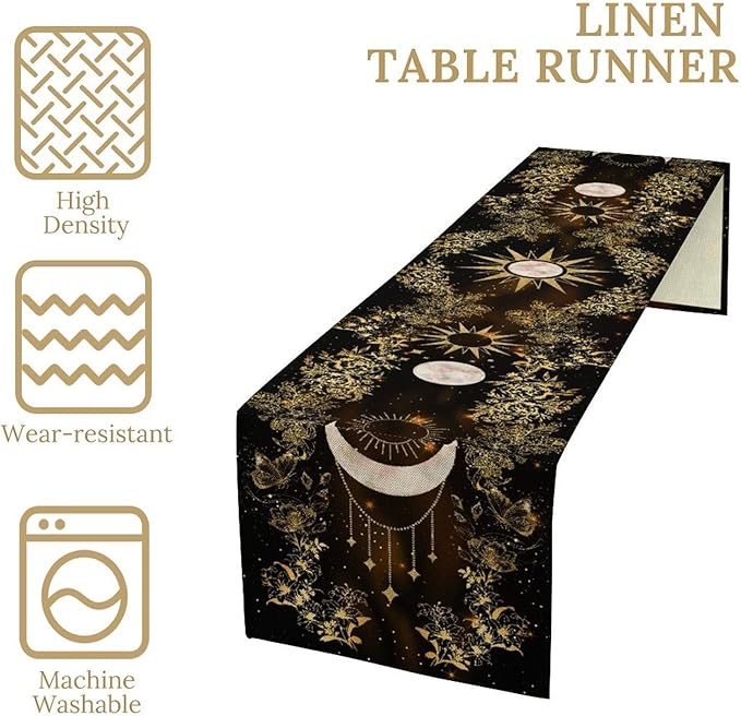 Boho Floral Table Runner, Spring Gothic Moon Phase Wildflower Mystical Witchy Farmhouse Coffee Table Center Decor for Home Kitchen Dining Patio Holiday Party Table Decorations 13x108 inches