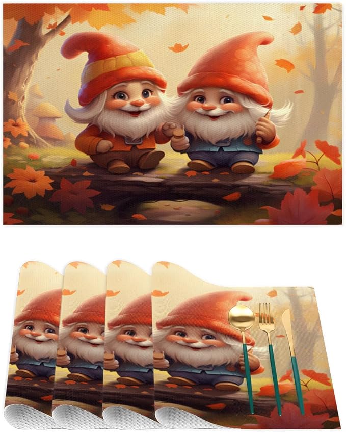 Fall Gnomes Cute Placemats Set of 1 PVC Vinyl Non Slip Table Mats Heat Resistant Place Mats Washable Wipeable Dining Table Mat for Kitchen Decor Party Indoor Outdoor Decorative Gift