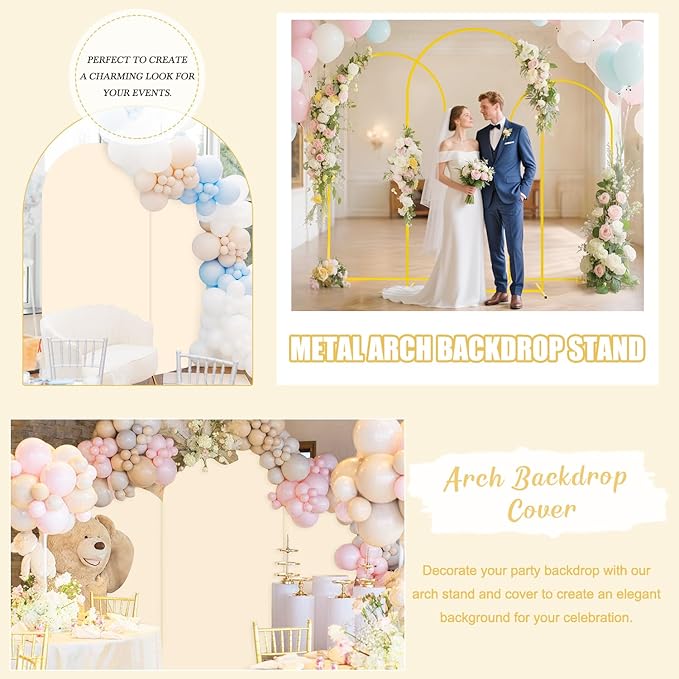 Party Arch Backdrop Stand and Cover Set of 3 (6FT, 5FT, 4FT) Metal Arch Frame Balloon Party Backdrop Arches Stand with Beige Arched Covers Stretchy Backdrops for Baby Shower Birthday Ceremony Decor