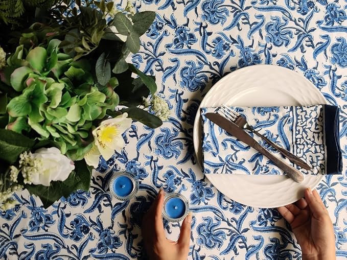 ATOSII Midnight Bloom 100% Cotton Spring Summer Tablecloth, Hand Block Print Rectangle Table Cover for Kitchen Dining Linen I Parties, Outdoors, Wedding, Easter I 72 X 140 Inches I 12 Seater