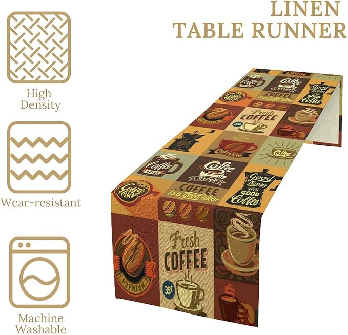 Vintage Coffee Theme Table Runner Cups of Coffee Beverage Mugs Seasonal Dinner Runner Table Decoration for Farmhouse Cabin Home Kitchen Dining Holiday Party 13x108in