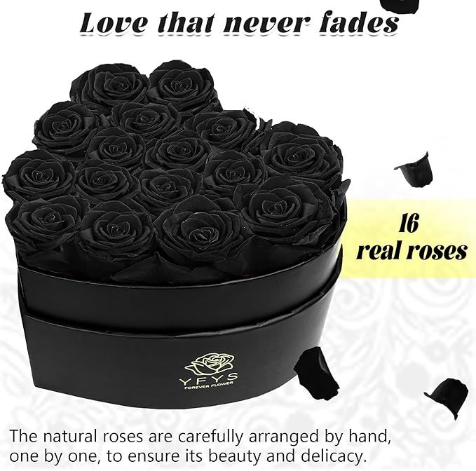 16-Piece Forever Flowers Heart-Shaped Box – Real Immortal Preserved Roses Lasting a Year, Perfect for Birthday, Girlfriend, Mother, or Wife, Valentine Day Gift for Her - Black