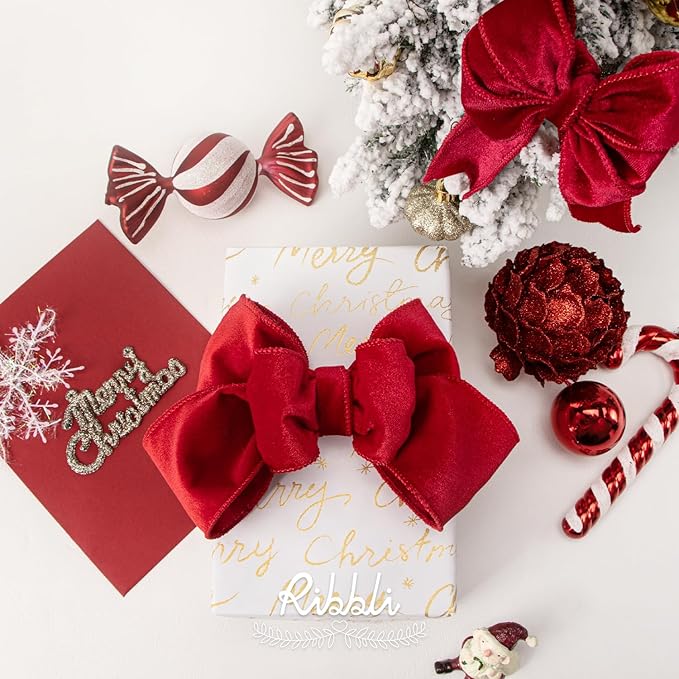 Ribbli Red Velvet Wired Ribbon 2.5 Inch Velvet with Satin Christmas Ribbon for Gift Wrapping Christmas Tree Decoration Crafts Wreaths Supplies-Continuous 10 Yards