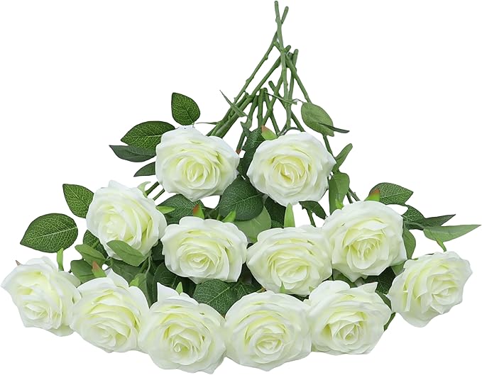 12pcs Artificial Rose Flower Pale Yellow Roses Flower with Long Stem Silk Roses Bouquet for Wedding Bridal Shower Party Home Decoration