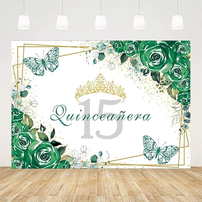 SENDY 8x6ft Quinceañera Backdrop Mis Quince 15 Anos Birthday Party Decorations Supplies for Girl Princess Green Floral Butterfly Gold Crown Photography Background Banner Photo Booth Studio Props