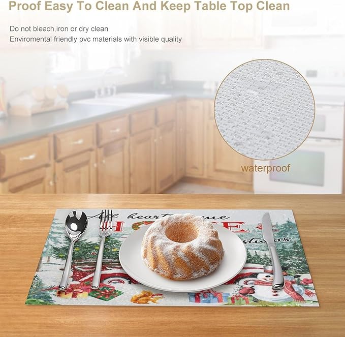 Merry Christmas Placemats Buffalo Plaid Red Truck with Christmas Tree, Winter Snowy Snowflake Snowman Placemats Table Kitchen Dining Party 12x18 Inch Set of 6