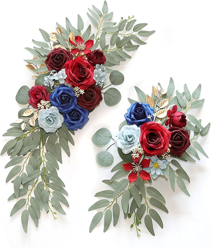 Burgundy Blue Wedding Arch Flowers, Faux Flower Swag Set of 2, Burgundy Floral Swag for Wedding Arch Welcome Signs, Reception Ceremony Signs Decor