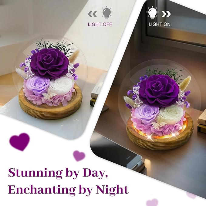 Birthday Gifts for Mom Forever Flowers for Delivery Prime Preserved Rose in Glass Dome Long-Lasting Eternal Rose Gifts for Her Women Grandma Wife on Christmas Anniversary Purple Flowers
