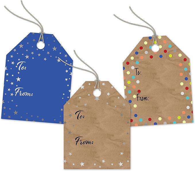 Pro Supply Global 24 Count of 2.5 Inch x 3 Inch Pre Strung Celebration Gift Tag Assorted Printed Designs on Large Cardstock Gift Hang Tags - Ideal to Use on Bags