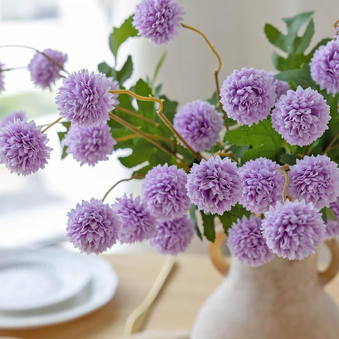 mizii 6Pcs Purple Fake Silk Pompon Mum Artificial Flowers Bulk Small Faux Chrysanthemums with Stems Realistic Floral Decorations for Wedding DIY Bouquet Centerpieces Shower Vase Home Decor (Purple)