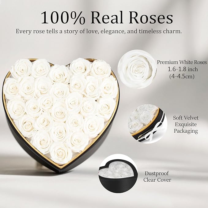 27 Preserved Roses in Heart Shape Gift Box for Her - Forever Flowers for Delivery, Eternal Rose Mothers Gifts for Mom, Wife Anniversary Birthday Gifts for Women, White