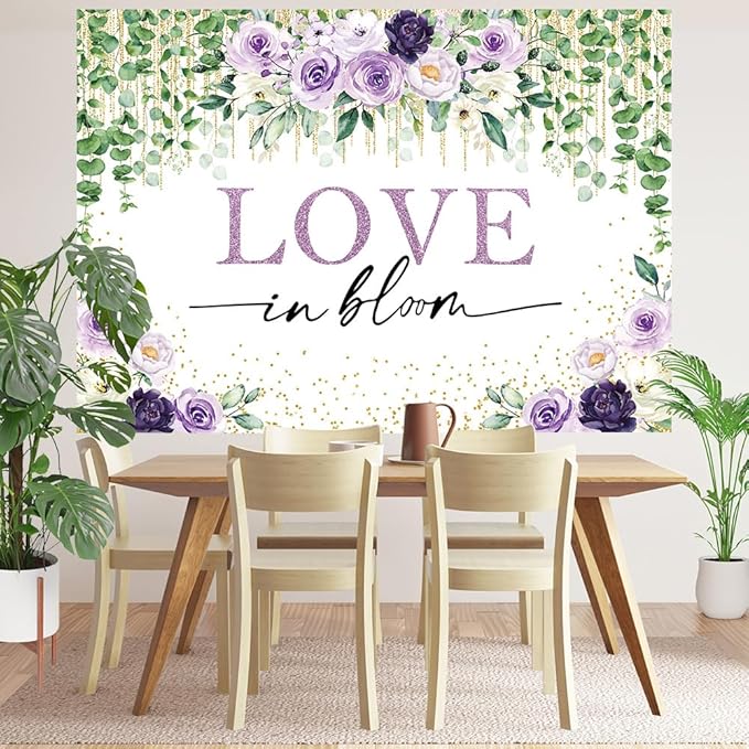 Love in Bloom Bridal Shower Backdrop 7x5ft Wedding Shower Spring Purple Floral Engagement Bachelorette Party Decorations Photography Background