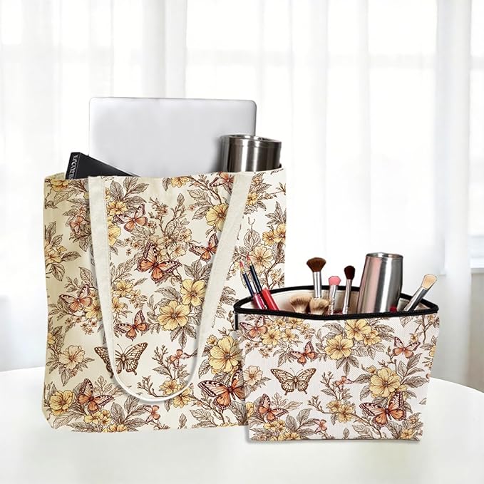 Flower Plant Lover Gifts for Women Canvas Tote Bag with Makeup Bag Cosmetic Bags Grocery Bags for Shopping Christmas