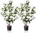 Artificial Camellia Tree,2Pack 3.2FT Faux White Camellia Plants in Pots,Lifelike Artificial Flower Trees for Indoor Outdoor Home Decor,Realistic Blooming Faux Plants for Living Room Porch Patio Office