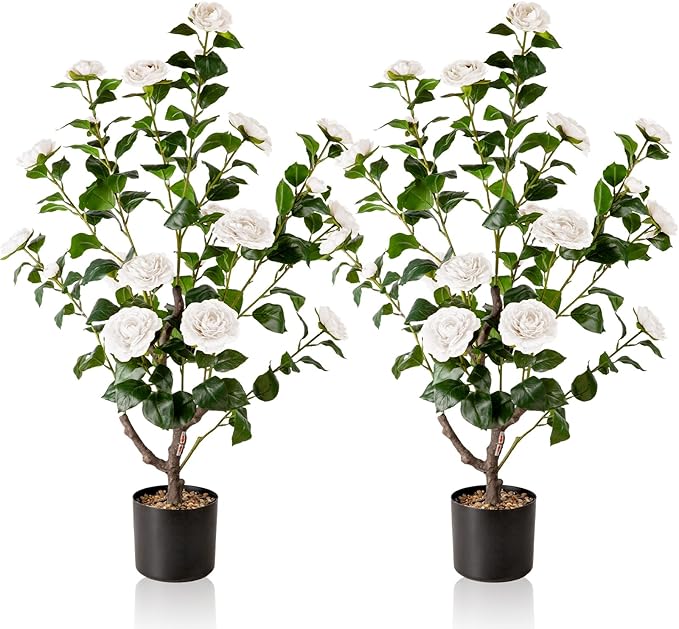 Artificial Camellia Tree,2Pack 3.2FT Faux White Camellia Plants in Pots,Lifelike Artificial Flower Trees for Indoor Outdoor Home Decor,Realistic Blooming Faux Plants for Living Room Porch Patio Office