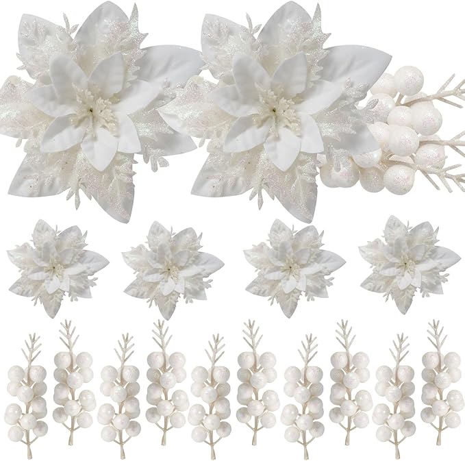 50pcs Glitter Poinsettia Christmas Ornaments, Artificial Flowers with Clips Stems for DIY Wreath Making, Holiday Home Party Decorations, Indoor Use (White)