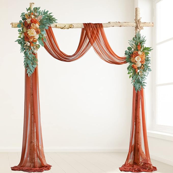 ponatia Artificial Wedding Arch Flowers Kit(Pack of 3) with 26Ft Shiny Wedding Arch Draping Fabric, Arch Flowers for Wedding Ceremony and Reception Backdrop Wedding Decoration (Burnt Orange)