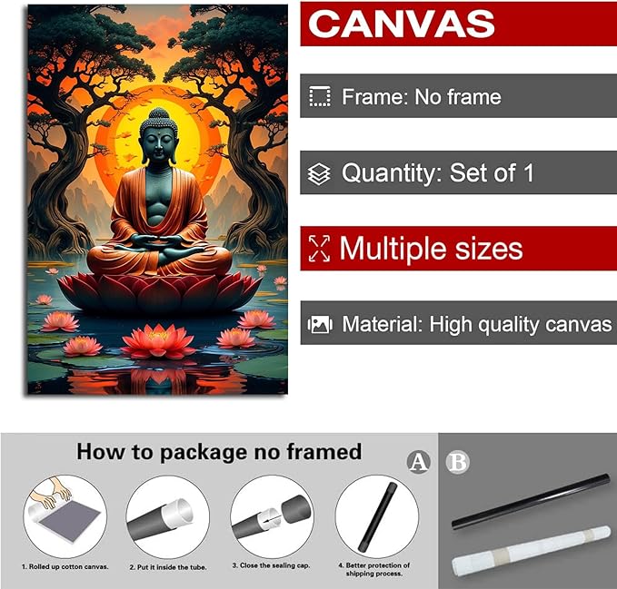 Canvas wall art Golden Buddha on lotus at sunset Ancient trees with reflections on water Serene meditation scene Uplifting wall art for mindfulness and tranquil home decor 16x24in Frameless
