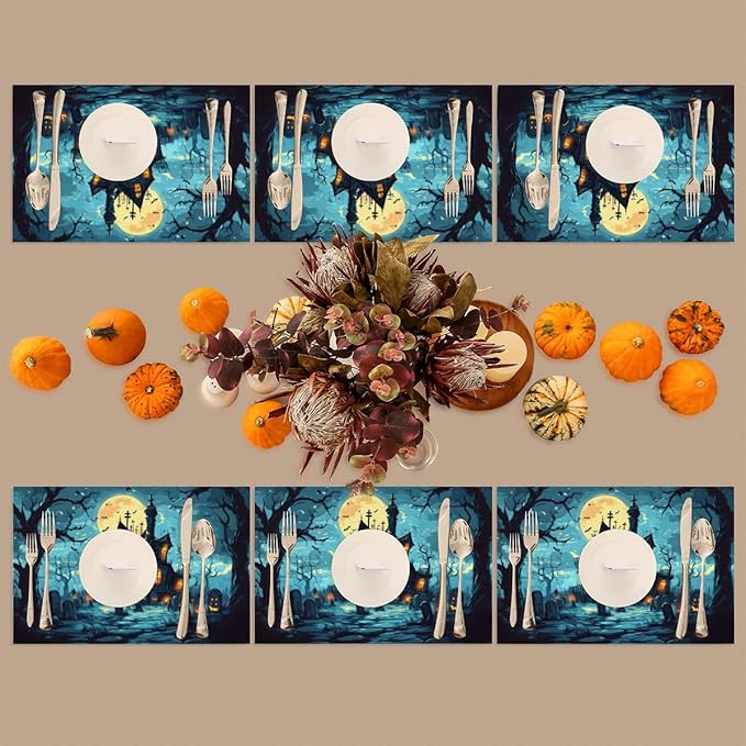 Halloween Castle Moon Scary Placemats Set of 6 PVC Vinyl Non Slip Table Mats Heat Resistant Place Mats Washable Wipeable Dining Table Mat for Kitchen Decor Party Indoor Outdoor Decorative Gift