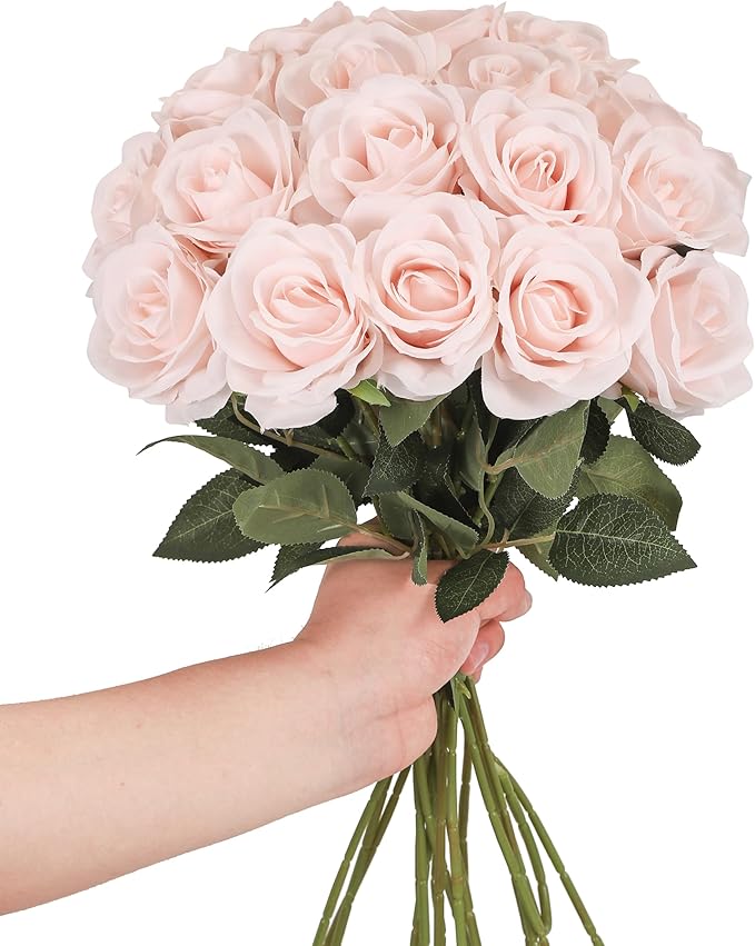 DuHouse 10pcs Fake Roses Artificial Silk Flowers Long Stems Bouquet for Arrangement Wedding Centerpiece Party Home Kitchen Decor(Blush)