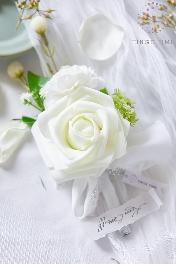 TingeTime Boutonniere for Men Wedding,Groom and Best Man Boutonniere for Wedding Ceremony Anniversary, Formal Dinner Party and Rustic Spring Wedding Marriage (6, Virginal White)
