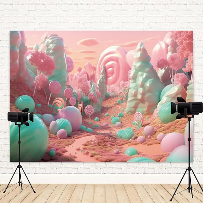 15x10ft Candyland Backdrop Pink and Teal Lollipop Photography Background Fairytale Kingdom Candy Sweet Girl Princess Birthday Banner Decorations Newborn Baby Shower Portrait Photo Booth Prop