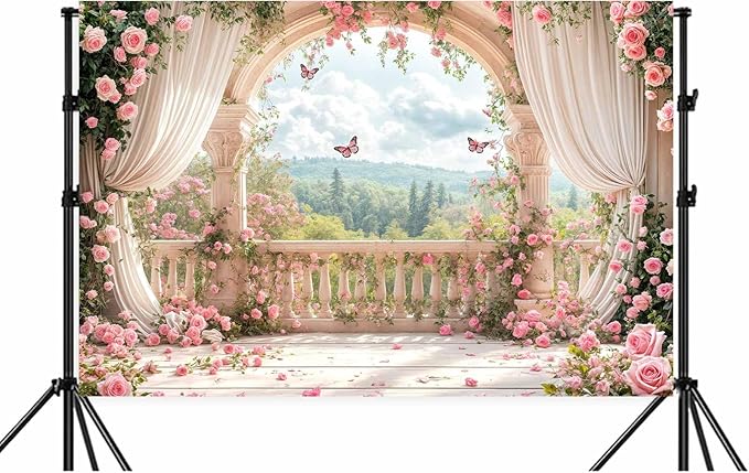 10X8ft Pink Floral Photography Backdrop, Retro Flowers Photography Backdrop Dreamlike Wedding Portrait Photo Background Wedding Birthday Party Background Banner Decor, Pink-1
