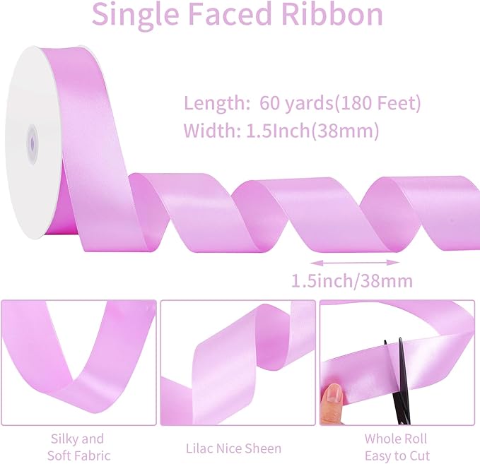 Lilac Ribbon 1 1/2 Inch 60 Yards Lilac Satin Ribbon for Gift Wrapping Bows Crafts Flower Bouquet Wedding Birthday Party Christmas Decorations
