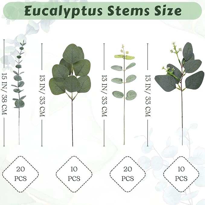 Eucalyptus Leaves Stems 60 PCS, 4 Kinds Mixed Artificial Greenery Stems for Wedding Decor Vase Floral Arrangement Centerpiece