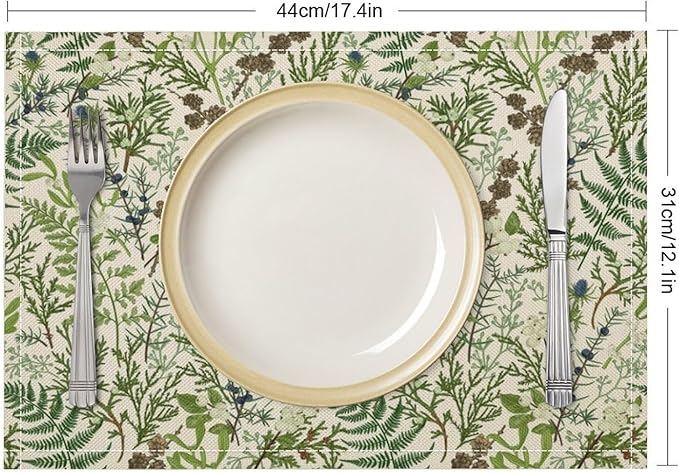Retro Botanical Placemats Set of 4, 17x12 Inch Rustic Farmhouse Green Leaves Vintage Plants Aesthetic Table Mats for Home Party Kitchen Dining Decor