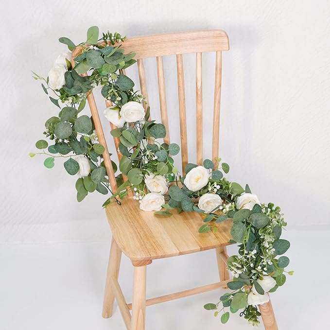 TOCHGREEN 4 Pack Artificial Eucalyptus Flower Garland with White Roses, Fake Rose Flower Greenery Garland Floral Vines for Wedding Home Party Table Runner Decor (4PCS, White)