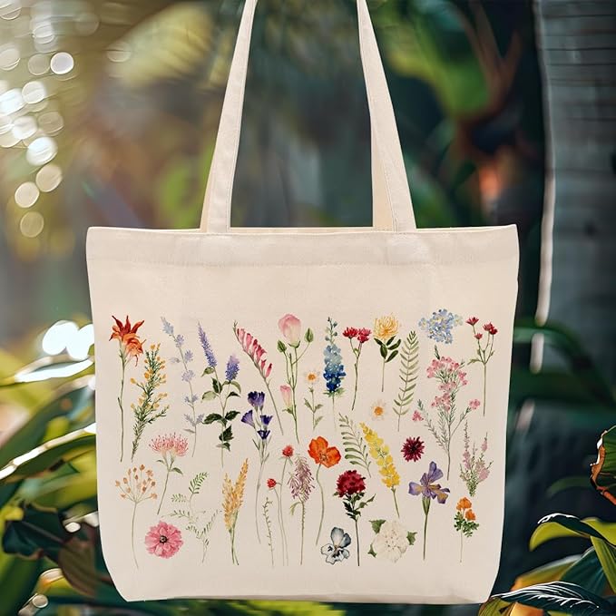 Aesthetic Floral Canvas Tote Bag for Women with Pocket, Tote Bags for Grocery Shopping Work Gym Christmas Birthday