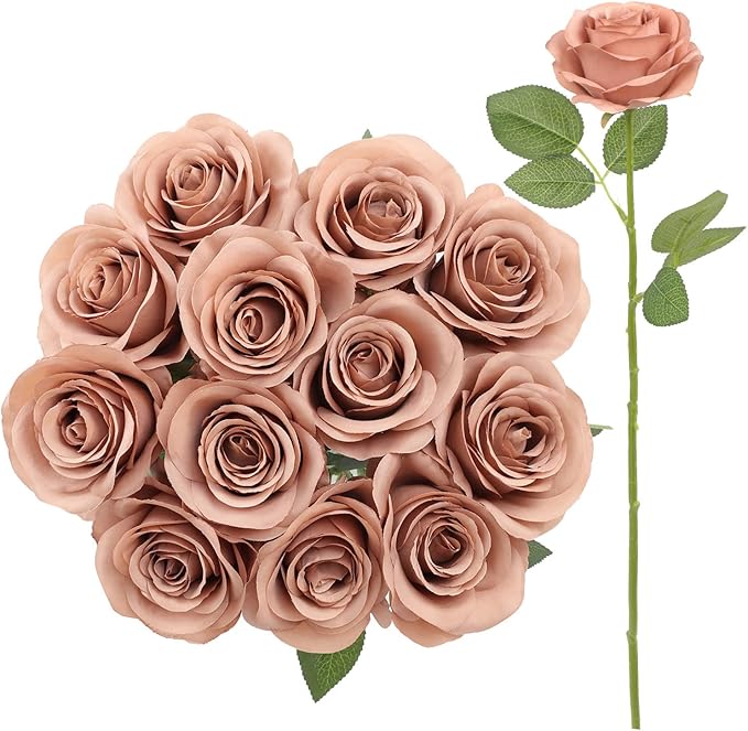 12pcs Roses Artificial Flowers Dusty Rose Fake Flowers with Long Stems Silk Flowers for Wedding Bouquet Centerpices Decorations Party Bridal Baby Shower Home Decor