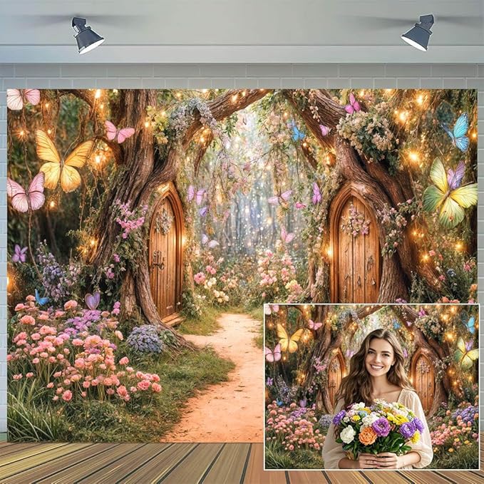 5X3ft Enchanted Forest Backdrop Fairy Tale Magic Garden Wonderland Floral Butterfly Photography Background for Kids Girls Baby Shower Birthday Party Decoration Cake Table Photo Booth Props