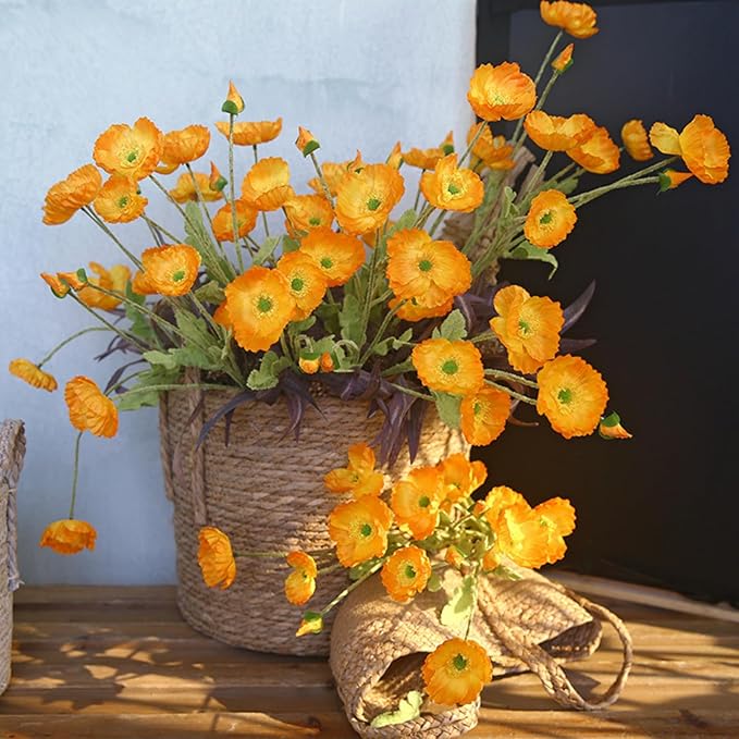 ASTRYAS 8 Stems Artificial Flowers Fake Faux Poppy Silk Bouquet Orange Flowers for Wedding, Home, Party Decoration,Table Centerpiece Arrangement(8, Orange)