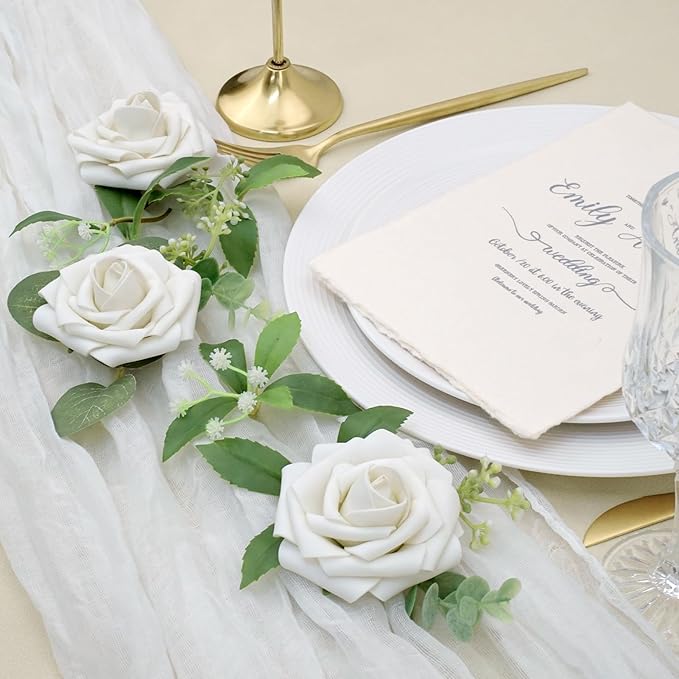 Artificial Flowers, 25pcs Artificial Rose for DIY Bouquets Arrangement, Sand White Rose Flowers Foam Fake with Stems for Wedding Shower Party Floral Arrangements Tables Home Decorations