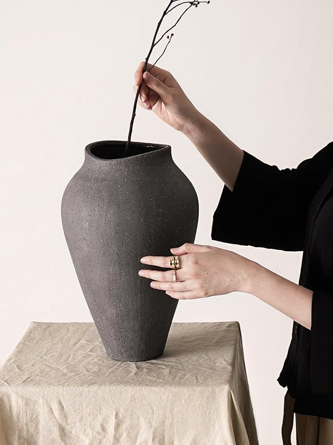 Black Ceramic Vase - Large 13.6 Inch Tall Floor Vase for Centerpieces, Farmhouse Rustic Minimalist Home Decor for Living Room, Enterway, Wedding (Sandstone Black)