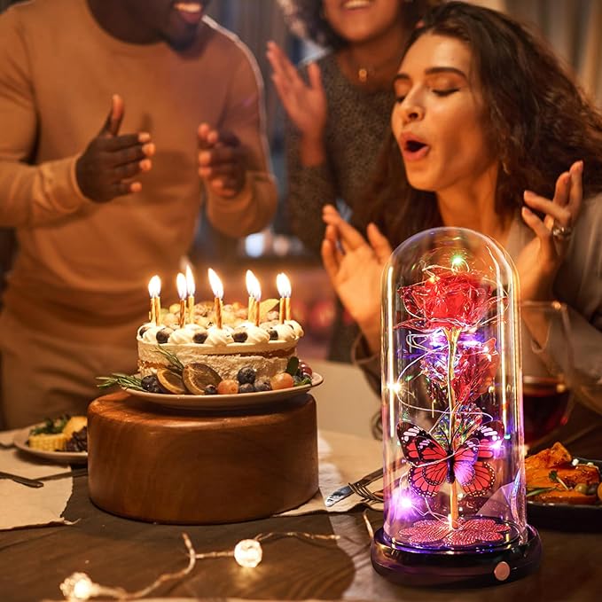 Christmas Rose Gifts for Women, Gift for Birthday Rechargeable Galaxy Glass Rose Light Up Roses In Glass Dome Forever Crystal Flowers Butterfly Xmas Gifts for Women Mom Grandma Sister Her Wife Red