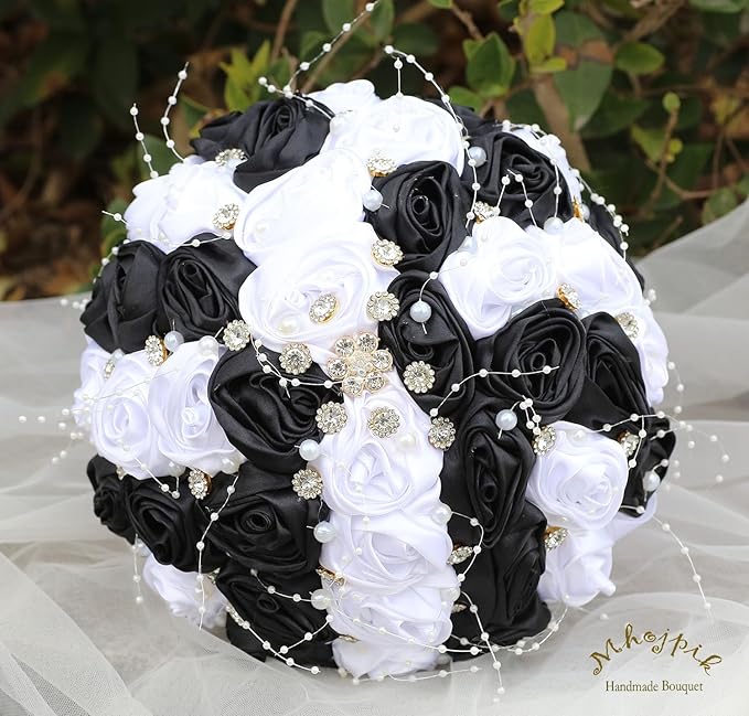 Bridal Wedding Bouquet Round Bling Brooch Bouquet Throw Toss Artificial Rose Flower Bunch for Bride Bridesmaid Wedding Quinceanera(White & Black, 7.5")
