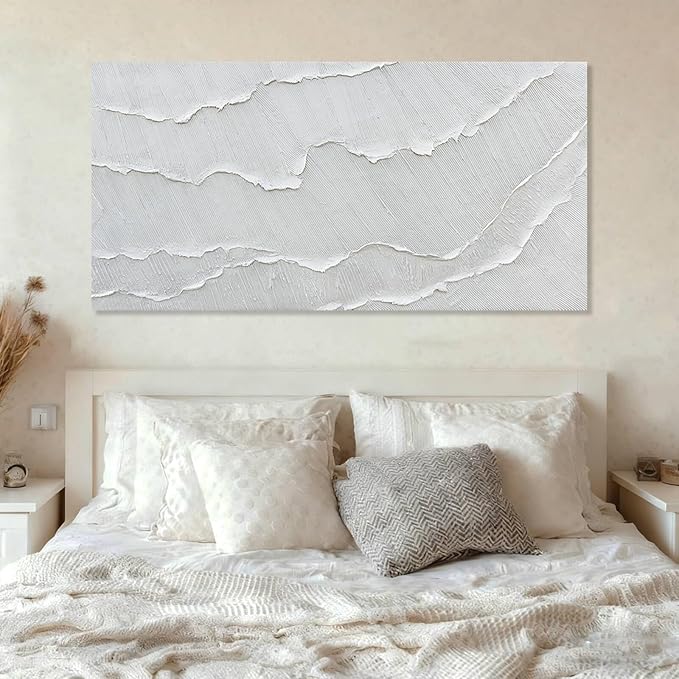 WINKAILIN White Abstract Textured Wall Art Modern 24x48 inch Canvas Ocean Wave Artwork Minimalist Hand-drawn Painting Contemporary White Posters Print for Living Room Bedroom Office Décor