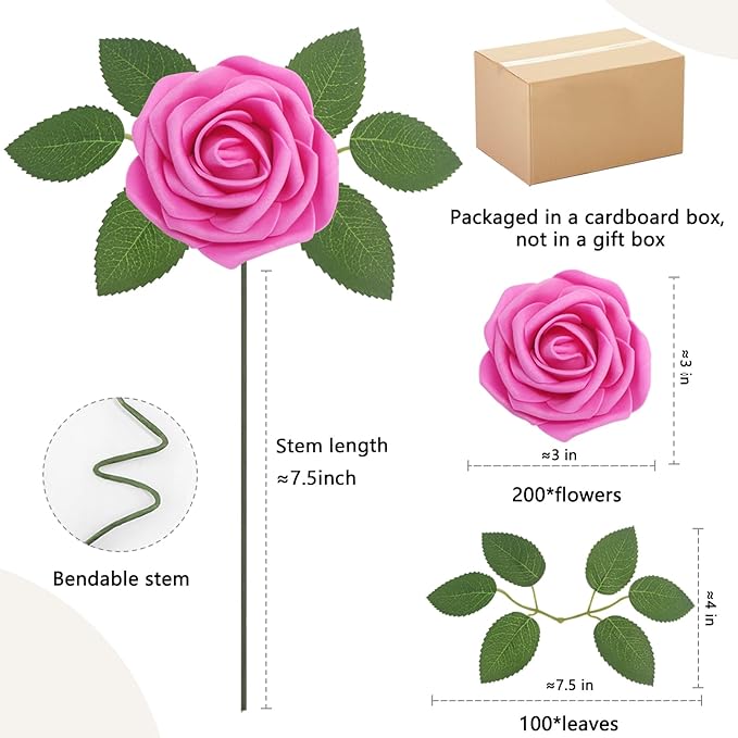 200Pcs Hot Pink Artificial Flowers Roses Real Looking Foam Fake Roses with Leaves and for DIY Wedding Bouquets Bridal Shower Centerpieces Party Decorations (Hot Pink, 200)