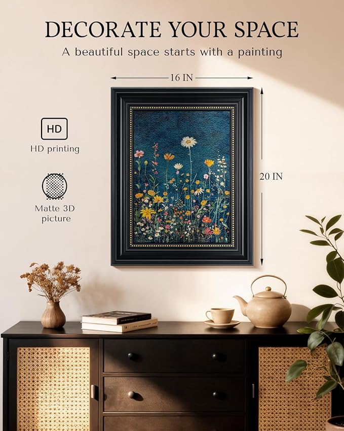 WHASAYART Vintage 3D Textured Botanical Floral 16x20 Framed Wildflower Wall Art, Rustic Dark Blue Colorful Flower Artwork, Retro Vibrant Painting Living Room Kitchen Bedroom Hallway Home Decor