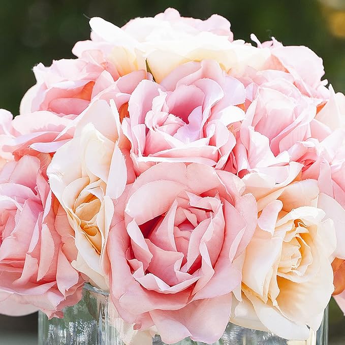 ENOVA FLORAL 18 Pieces Pink Rose Artificial Flowers in Vase, Floral Arrangements Artificial with Vase for Dining Table Decoration, Home Decor Indoor(Pink)