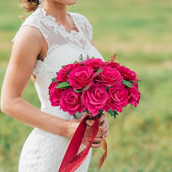 20 pcs 4'' Rose Red Faux Flowers Magenta Pink Brushed Silk Rose Set for DIY Bouquet Wedding Arrangements Artificial Flower Wall Mirror Decor Baby Shower Home Decor Table Centerpieces