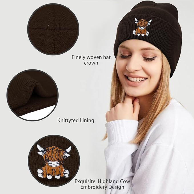 Scottish Highland Cow Beanie Hat, Cute Funny Cow Embroidery Winter Knit Skull Cap for Adult Men Women