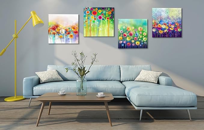 Abstract Floral Canvas Wall Art, Colorful Flowers Artwork Painting Prints Modern Watercolor Pictures Framed for Living Room Bedroom Bathroom Office Home Decor - 20"x20"x4 panel