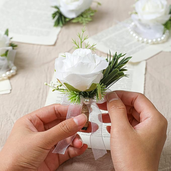 4pcs White Rose Boutonniere for Men Artificial Rose Flower for Wedding Flowers Ceremony Prom Flower (4 Boutonniere)