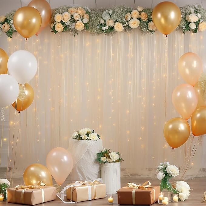 10ft x 10ft Champagne Backdrop Curtain with Lights String for Parties, Sheer Wedding Photo Backdrops Drapes for Baby Shower Birthday Party Decorations Background for Photography