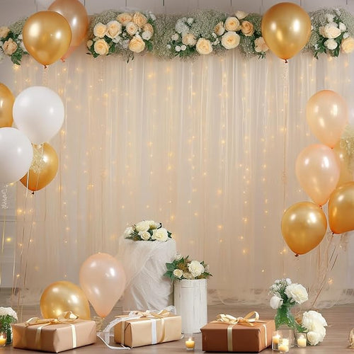 10ft x 10ft Champagne Backdrop Curtain with Lights String for Parties, Sheer Wedding Photo Backdrops Drapes for Baby Shower Birthday Party Decorations Background for Photography